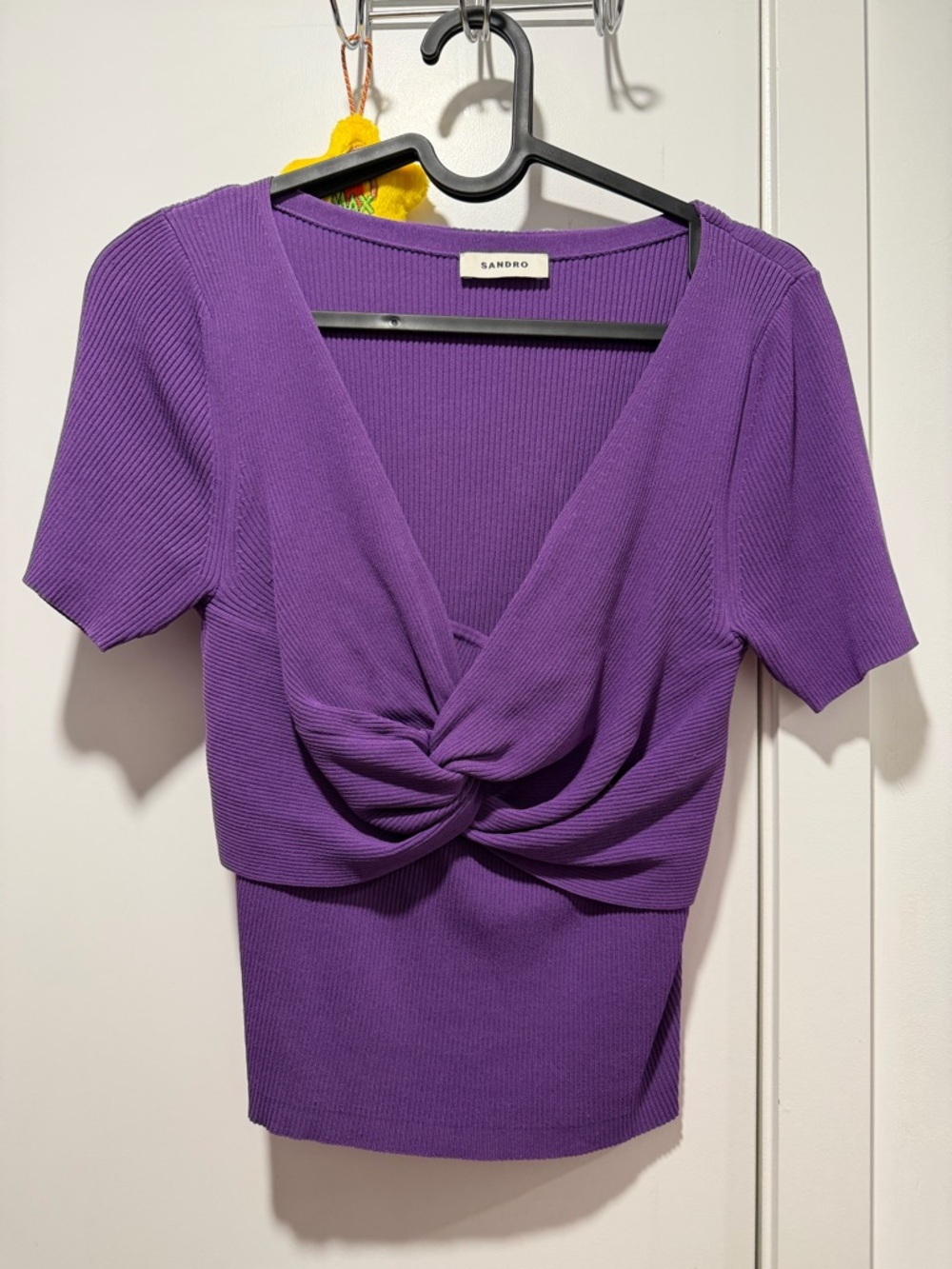 Sandro Violet Twist-Front Ribbed Knit Top